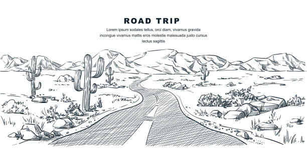 ilustrações de stock, clip art, desenhos animados e ícones de desert and mountains road landscape. vector sketch illustration. nature environment and travel hand drawn background - asphalt highway desert valley