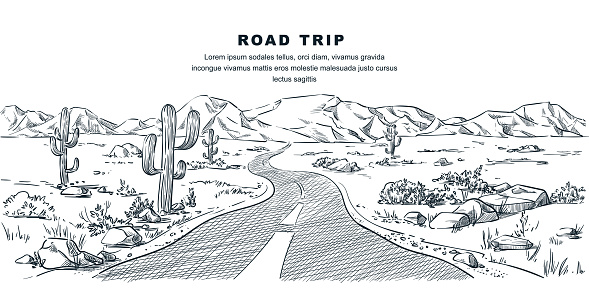 Desert and mountains road landscape. Vector vintage sketch illustration. Nature environment calm scene. Outdoor adventures and travel hand drawn background