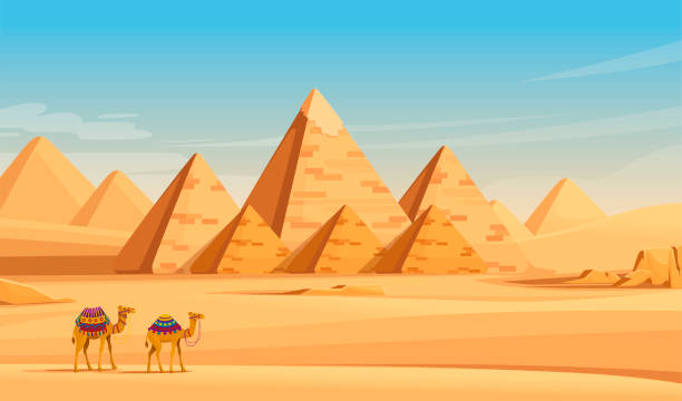 гиза египетских пирамид пустынный пейзаж с верблюдами плоский вектор иллюстрации горизонтальное изображение - фараон иллюстрации stock illustrations