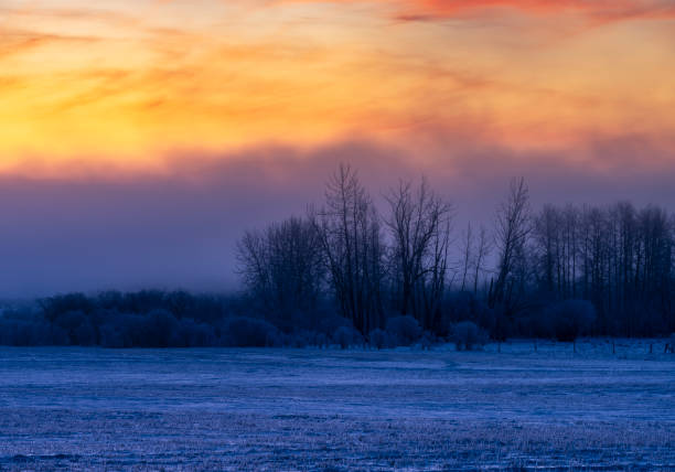 sunrise at prairie in winter, alberta, canada.