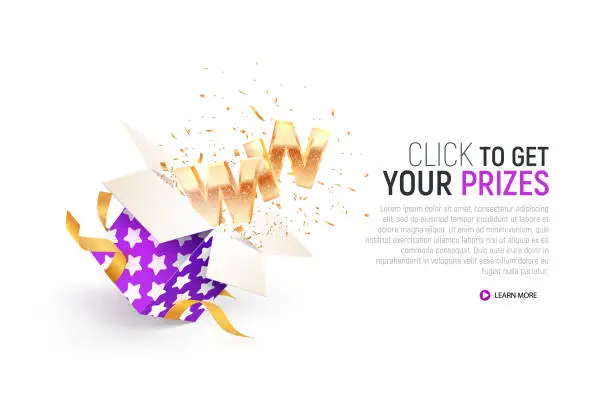 Vector illustration of Greeting winner. Gambling vector banner. Victory celebration. Open textured purple box with confetti explosion inside and win gold word on white background