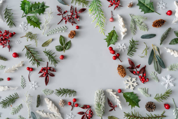 istock Christmas tree pattern with winter pine tree, natural branches and leaves on pastel gray background. 1204045951