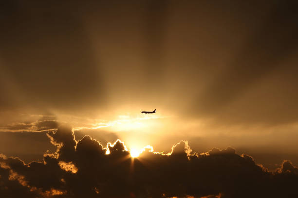 Airplane getting ready to land during sunset in Sao Paulo, Brazil.