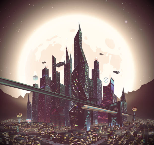 istock Fantastic City of the Future City at Night with Moon 1204048319