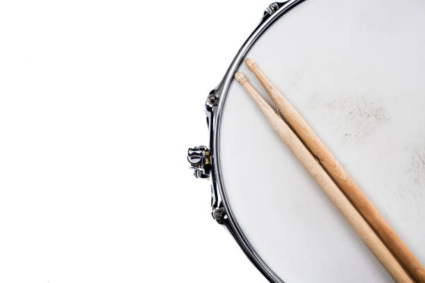 Silver Snare Drum with Sticks on White Background Silver Snare Drum with Sticks on White Background snare drum photos stock pictures, royalty-free photos & images