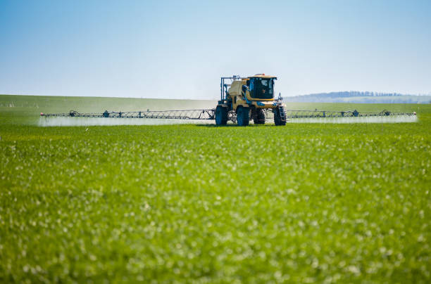 anwendung von dünger und fungizid auf einem weizenfeld im frühjahr. - spraying agriculture farm herbicide stock-fotos und bilder