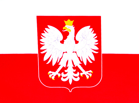 State flag and coat of arms of Poland on a white background. Independence Day of Poland. Elections. Voting. Place for text. Background image.