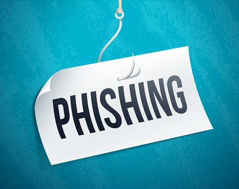 Phishing fishing paper on a fishing hook and line scam emailing concept.