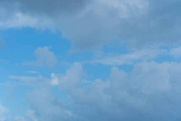 Blue Caribbean sky with clouds. Structure of clouds. Texture, background or pattern. Travel photo. Quintana roo. Yucatan.