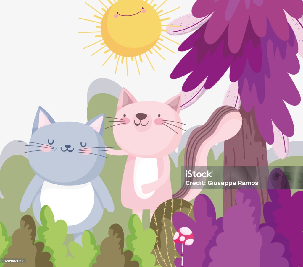 Little Cat And Pink Cat Cartoon Character Forest Foliage Nature Landscape  Stock Illustration - Download Image Now - iStock