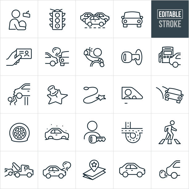 A set of traffic and driving icons that include editable strokes or outlines using the EPS vector file. The icons include a person driving a car, stoplight, traffic congestion, car, person holding drivers license, car accident, person taking selfie while driving, car key in ignition, gas pump, mechanic, map marker, flat tire, interstate, person in crosswalk, tow truck, map and other related icons.