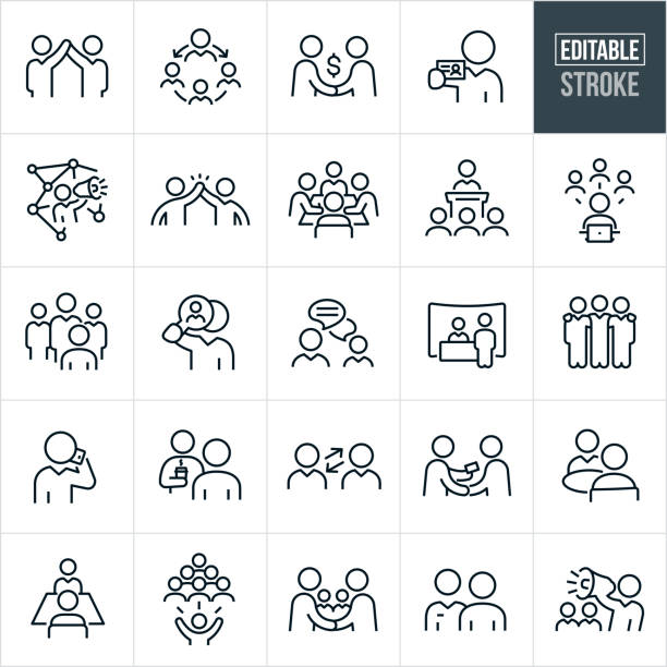 ilustrações de stock, clip art, desenhos animados e ícones de business networking thin line icons - editable stroke - symbol communication business card men