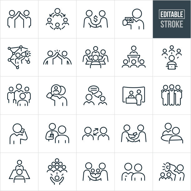 Business Networking Thin Line Icons - Editable Stroke A set of business networking icons that include editable strokes or outlines using the EPS vector file. The icons include business people in different situations networking and include two business people with arms up, two business people shaking hands, businessman holding business card, businessman with bullhorn, business people around conference table in boardroom, business presentation, social media networkings, business person wit magnifying glass, two business people chatting, job fair, business people with arms around shoulders, business person on mobile phone, business person handing another business person a business card and an interview to name a few. business relationship stock illustrations