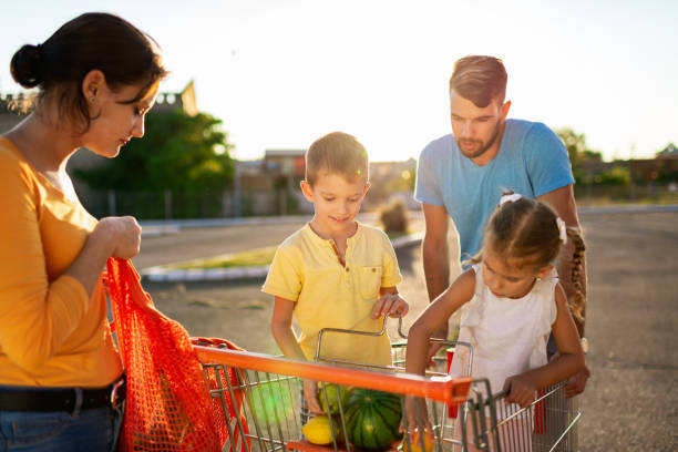 istock Family having fun after grocery shopping 1204054378