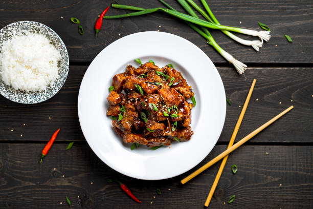General Tso's Chicken plate with rice top view.