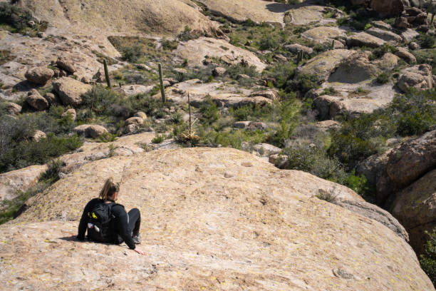 istock Lone woman hikes in desert landscape. 1204057637