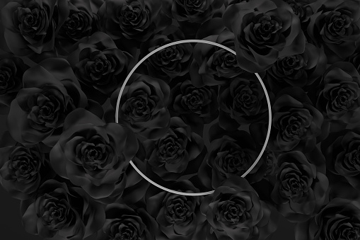 3d rendering of white circle frame over a lot black roses. Flat lay of minimal flower style concept