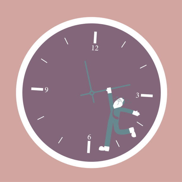 istock A businessman is hanging on the clock. Isolated on brown background. 1204066008