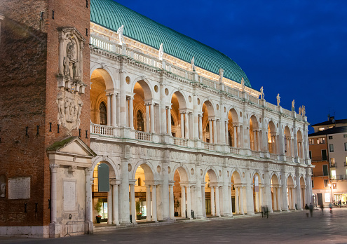 The famous palladian basilica by night, Lords Square in Vicenza
