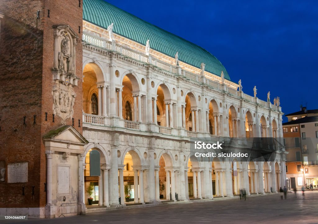 Vicenza landmarks The famous palladian basilica by night, Lords Square in Vicenza Vicenza Stock Photo