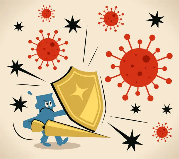 Vector illustration of Brave knight carrying a shield and lance against the coronavirus (bacterium, virus), immune system, antibody