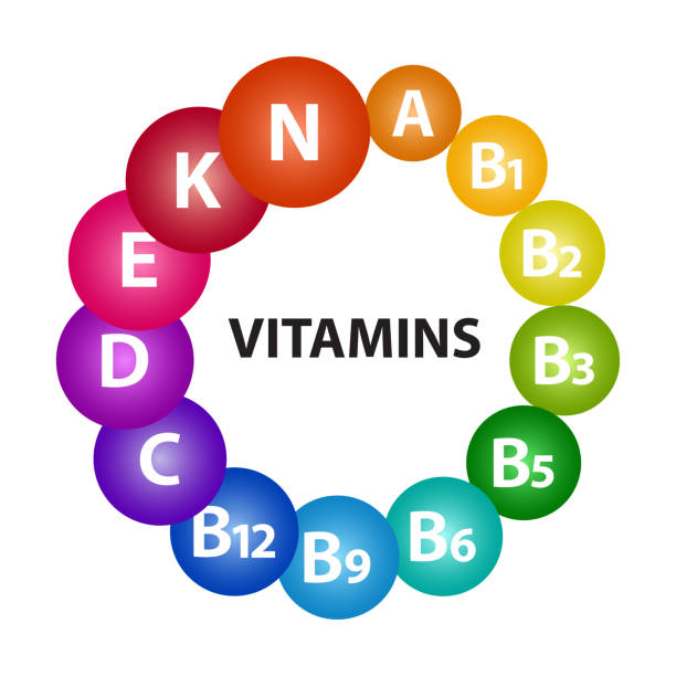 건강을 위한 종합 비타민 복합체. 비타민 a, b1, b2, b3, b5, b6, b9, b12, c, d, e, k, n. 다채로운 3d 구체. 벡터 - vitamin d vitamin b1 vitamin pill nutritional supplement stock illustrations