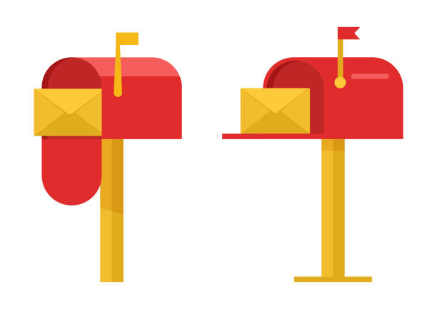 rote postfächer mit gelbem umschlag auf weißem hintergrund isoliert. vektor - mailbox mail symbol box stock-grafiken, -clipart, -cartoons und -symbole