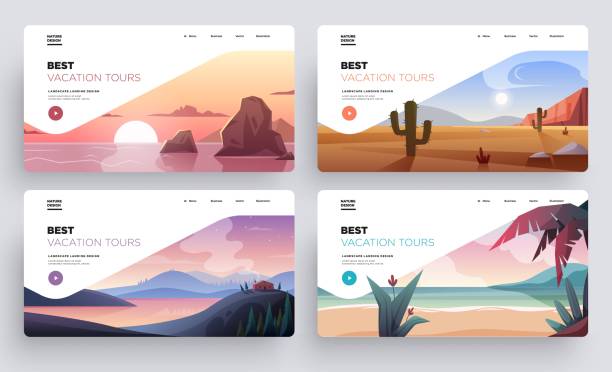 Collection of landing page templates. Modern landscape backgrounds. Best vacation tours commercial Collection of landing page templates. Modern landscape backgrounds. Best vacation tours commercial landing page illustrations stock illustrations