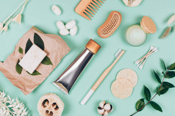 Zero waste cosmetics Zero waste cosmetics. Travel set. Flat lay style bamboo material photos stock pictures, royalty-free photos & images