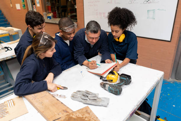 istock Group of industrial design students talking to their teacher in class 1204070505