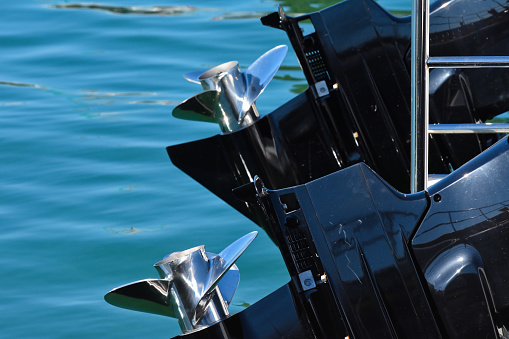 Outboard powerboat engine propellers close-up, South Africa