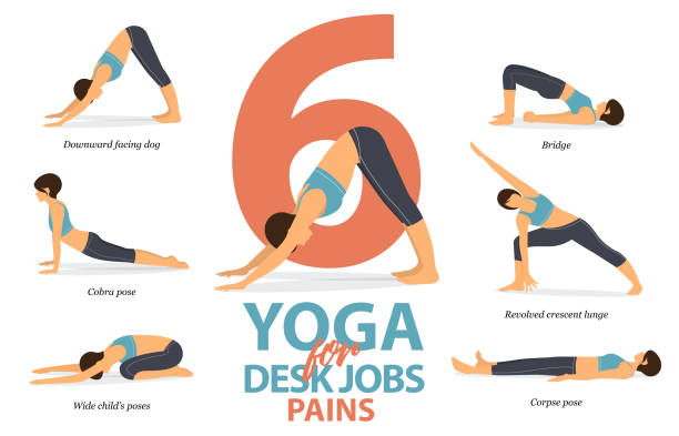 infografik von 6 yoga posen für schreibtischjobs schmerzen in flachem design. schönheit frau macht bewegung für körper-stretching. satz von yoga-sequenz infografik.  cartoon vektor kunst. - rückenschmerzen stock-grafiken, -clipart, -cartoons und -symbole