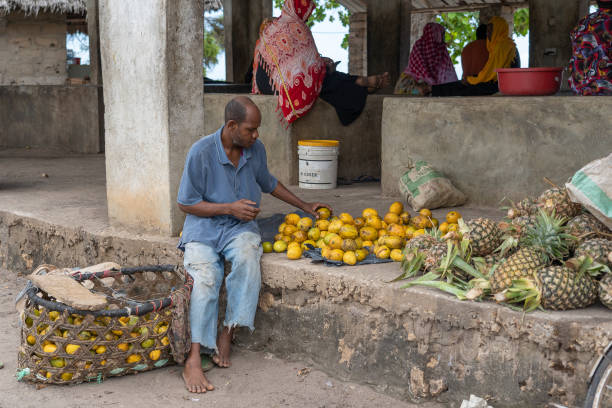 l'uomo africano vende frutta tropicale in un mercato locale di cibo di strada sull'isola di zanzibar, tanzania, africa orientale - africa agriculture zanzibar industry foto e immagini stock