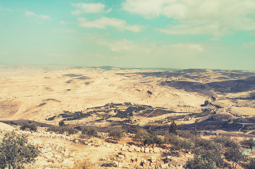 View from top of the Mount Nebo to the Jordanian desert valley. Desert land around the dead sea