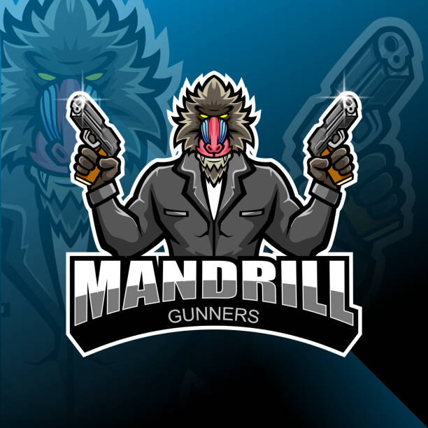 illustrations, cliparts, dessins animés et icônes de mandrill gunner esport mascot logo design - drill