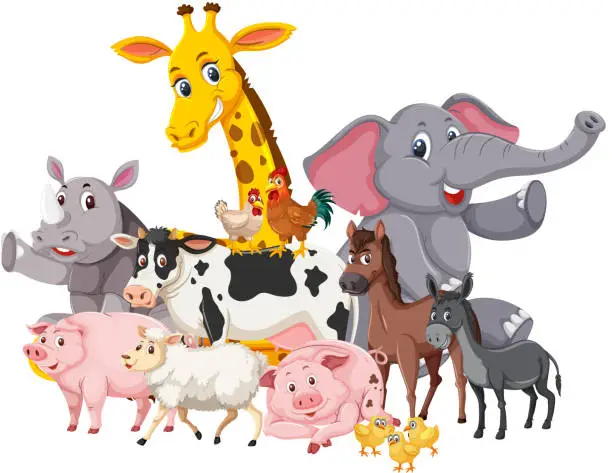 Vector illustration of Many wild animals and farm animals on white background