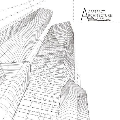 3D illustration architecture building construction perspective design, abstract modern urban building line drawing.