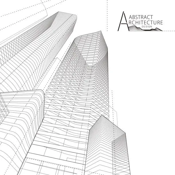 Vector illustration of 3D illustration Abstract Architecture Building Line Drawing.