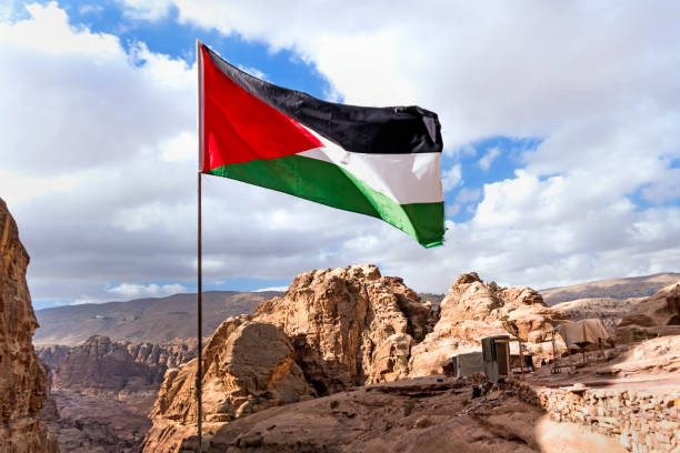 bandeira da palestina tremula ao vento no topo de uma montanha contra um céu azul nublado. - qunaitira - fotografias e filmes do acervo