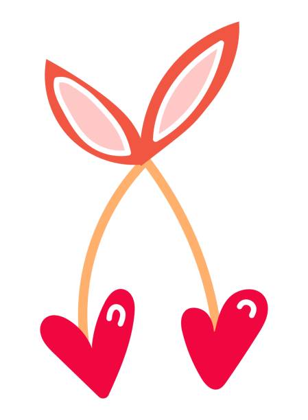 векторная рука рисует карты двумя сердцами в форме сердец в забавном стиле на белом фоне. красный быть rry с листьями. поздравительная открыт - cherry valentine stock illustrations