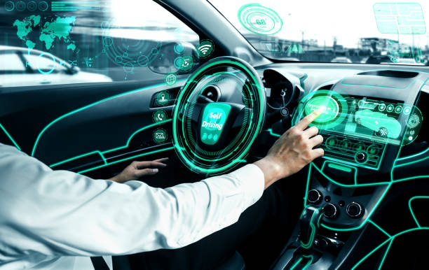 istock Self-drive autonomous car with man at driver seat. 1204099492