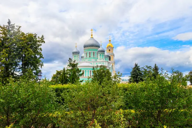 Trinity cathedral and bell tower of Holy Trinity-Saint Seraphim-Diveyevo convent in Diveyevo, Russia