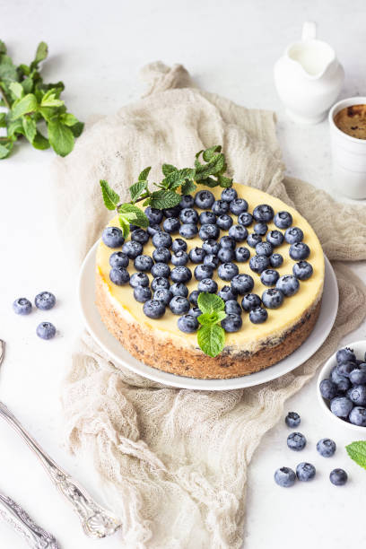 istock New York style cheesecake, blueberries and mint on a white plate. 1204107382