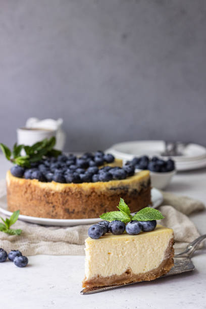 istock New York style cheesecake, blueberries and mint on a white plate. 1204107536
