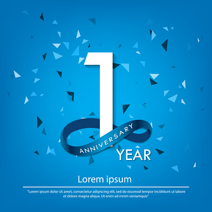 1 years anniversary celebration emblem. white anniversary logo isolated with blue circle ribbon. vector illustration template design for web, poster, flyers, greeting card and invitation card
