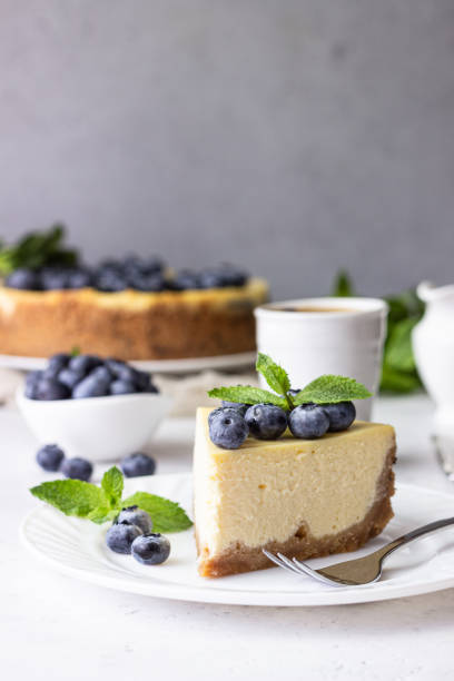 istock New York style cheesecake, blueberries and mint on a white plate. 1204108447
