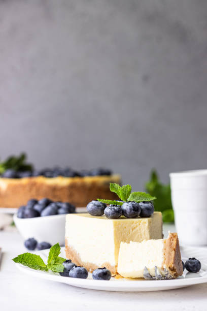 istock New York style cheesecake, blueberries and mint on a white plate. 1204108483