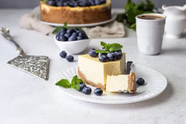 Photo of New York style cheesecake, blueberries and mint on a white plate.