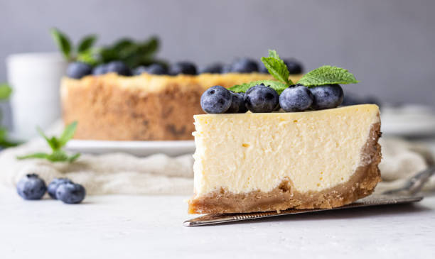 istock New York style cheesecake, blueberries and mint on a white plate. 1204108552