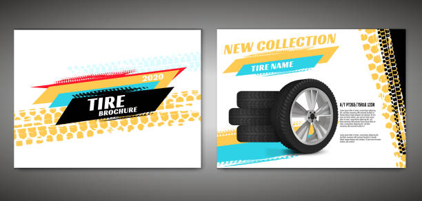Tire Brochure Template Vector automotive banners template. Grunge tire tracks backgrounds for landscape poster, digital banner, flyer, booklet, brochure, web design. Editable graphic image in black, red, yellow, blue colors street racing stock illustrations